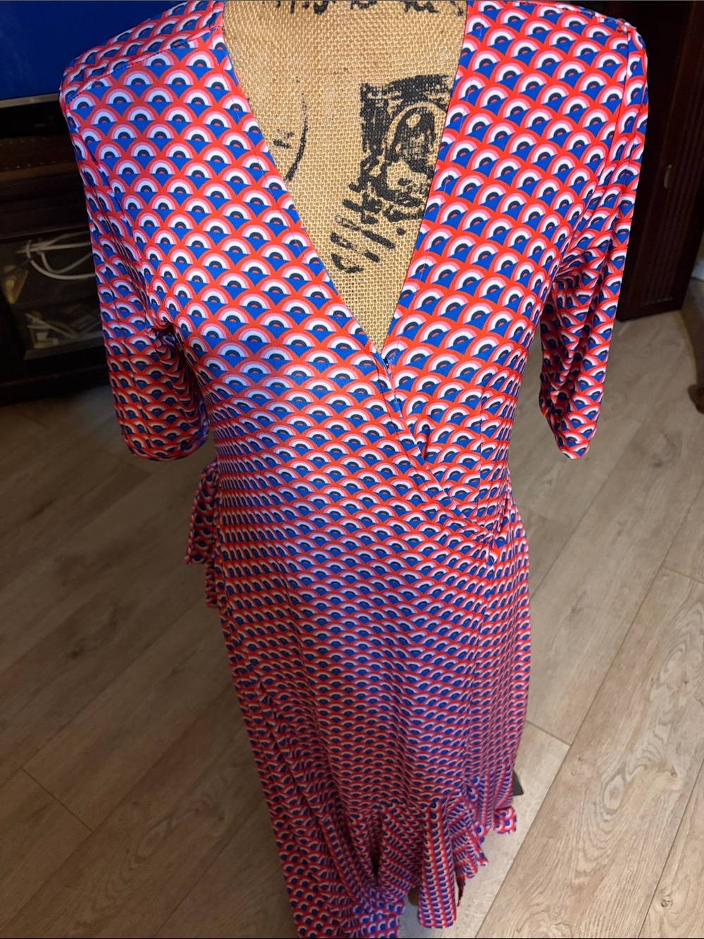 Vibrant Pink & Blue Wrap Midi Dress with Tie Waist
